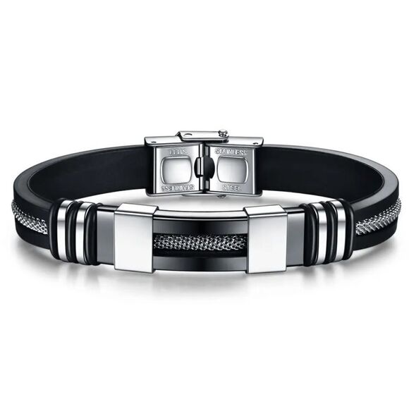 💎OS4💎 Gorgeous Black Silicone Stainless Steel Mens Unisex Bracelet - Picture 7 of 16